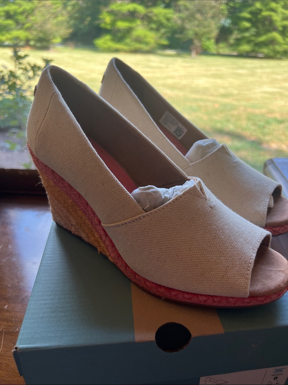 Toms Beige Canvas Peep-Toe Espadrille Wedges with Pink Trim